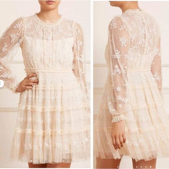 Needle & Thread Women's Eve Sequin Mini Dress Size 8 Champagne Ivory Floral Lace - Picture 1 of 16